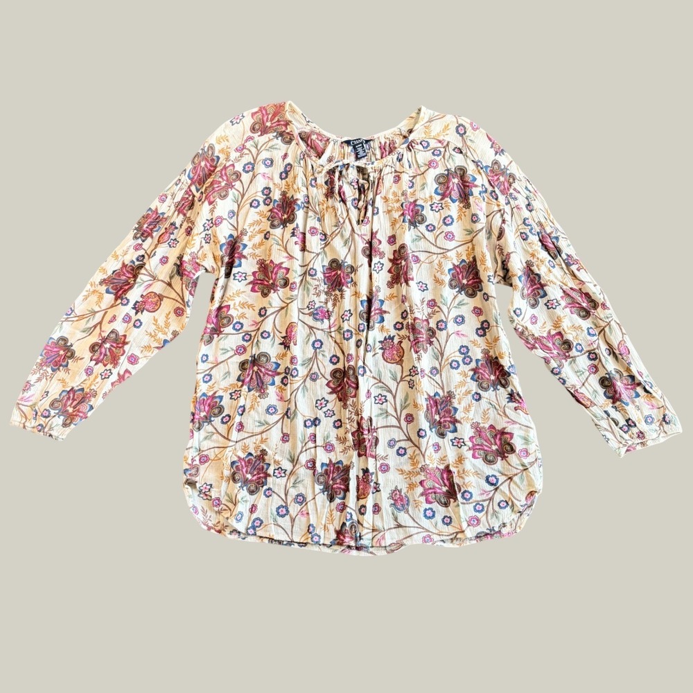 Chaps Women Peasant Blouse XL Beige Floral Paisley Tie Neck Boho Top Cottagecore